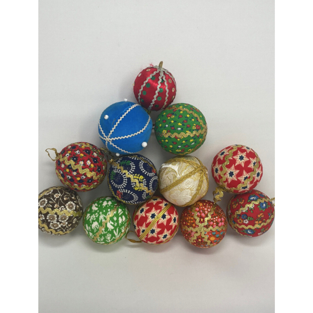 12 Vintage Handmade Christmas Ornaments Wrapped W/Ribbon and Lace Pinned